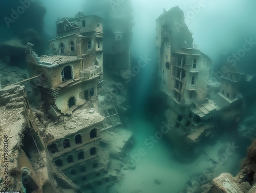 The ghostly ruins of a once-bustling town lie submerged and forgotten under murky water, creating an eerie underwater world frozen in time. © Lalida