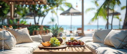 Relax in paradise with lounge chairs under a palm tree on a tropical beach, a beachside restaurant