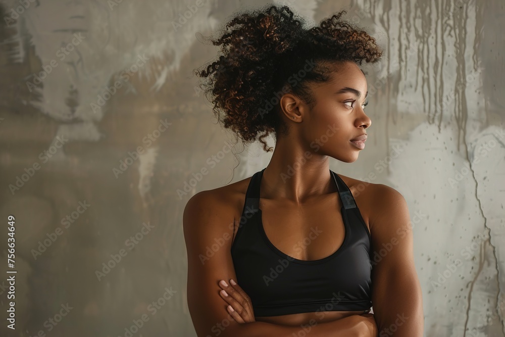 Fototapeta premium A woman with a black tank top and a ponytail is standing in front of a wall