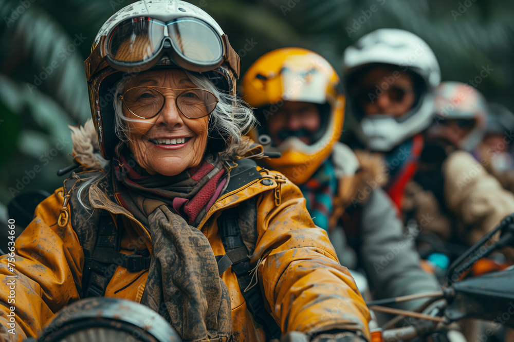 Obraz premium Smiling happy senior women on a motorcycle trip through the countryside