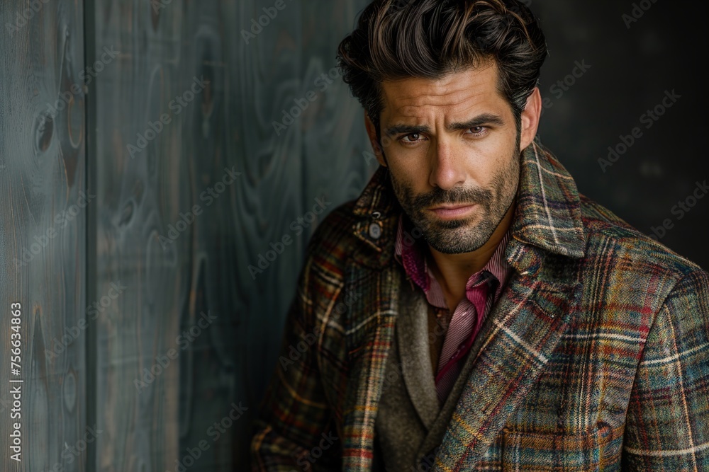 Fototapeta premium A man in a plaid jacket and a red shirt is standing in front of a wooden wall