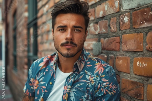 A man in a floral shirt is leaning against a brick wall