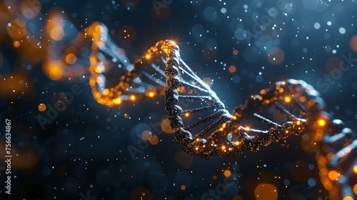 A DNA strand is shown in a blurry, glowing image. The image has a dreamy, ethereal quality to it, as if the DNA strand is floating in a misty, otherworldly atmosphere