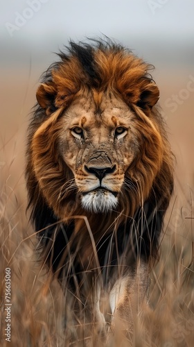A lion is running through tall grass with its mouth open, showing its teeth © Thares2020