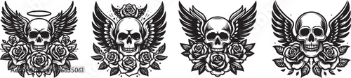 skulls adorned with roses and leaves  angel wings  black vector graphic