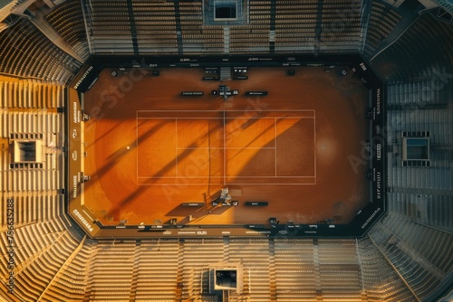 Low angle view from above of a clay tennis court with several people playing. The field is empty and the seats are empty