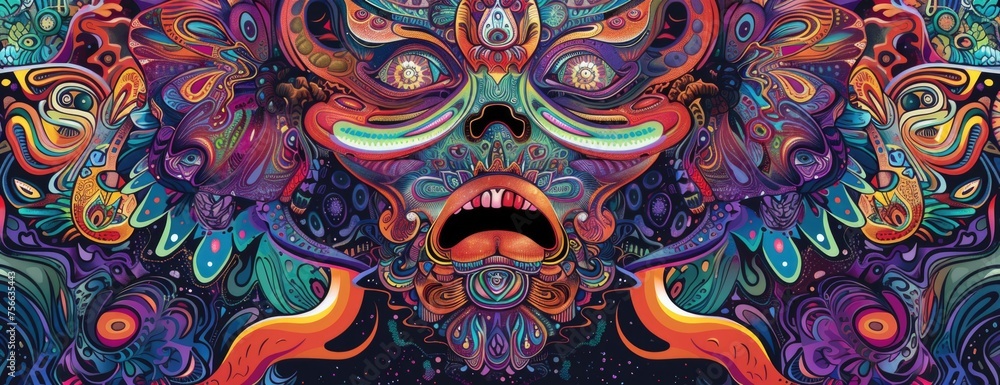 Enigmatic Psyche: Colorful Psychedelic Illustration Featuring a Dark Masked Figure - Abstract Mushroomcore Background