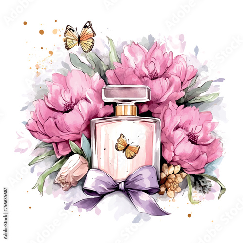 a beautiful pink perfume bottle with roses in the glamour style, golden glitter watercolor illustration on white background