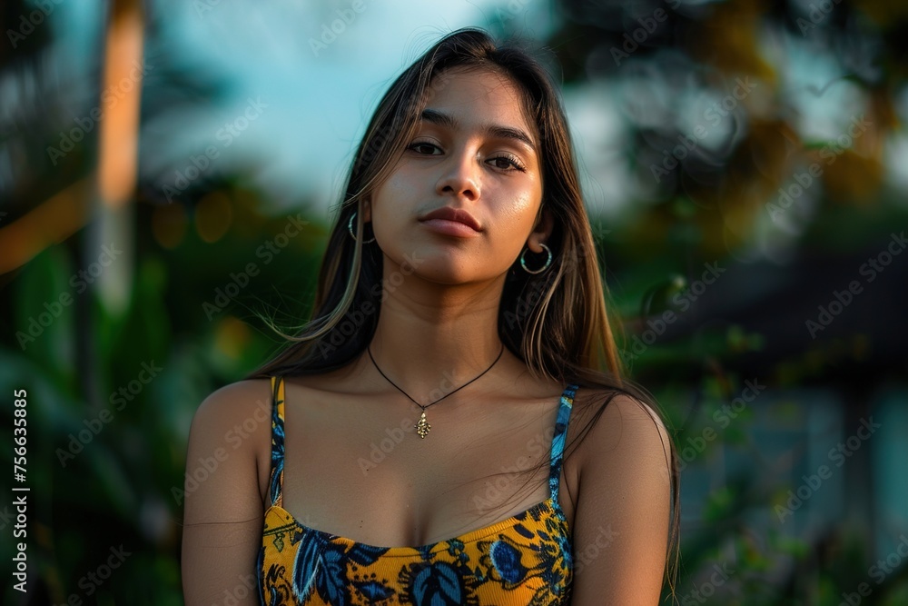 Fototapeta premium A woman is wearing a yellow and blue dress and is posing for a picture
