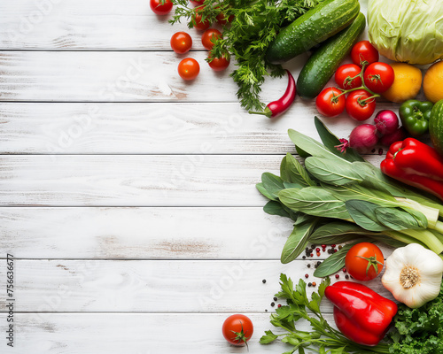 An array of fresh vegetables, including tomatoes, cucumbers, and peppers, neatly arranged on a rustic white wooden surface