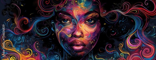 Vibrant Soul: Afro-Colombian Inspired Woman's Portrait with Colorful Spirals - Detailed Fantasy Desktop Wallpaper