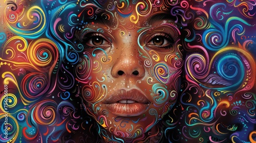 Spiral Essence: Colorful Features in an Afro-Colombian Themed Woman's Face Portrait - Abstract Art Background photo