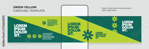 Geometric carousel template. social media seamless square post. healthy. food. green. yellow. microblog. modern. clean. minimal. advertising. leaflet. brand. eps vector illustration