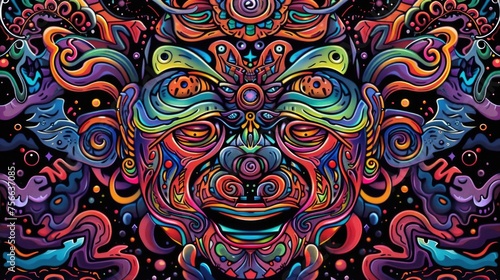 Enigmatic Psyche: Colorful Psychedelic Illustration Featuring a Dark Masked Figure - Abstract Mushroomcore Background