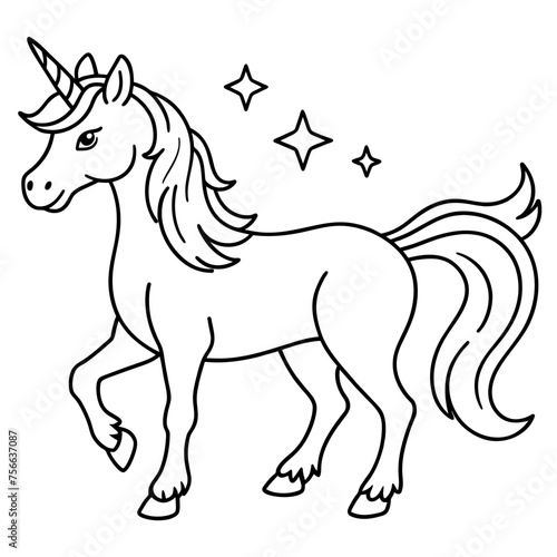 Hand-drawn magic  unicorn  for coloring book page