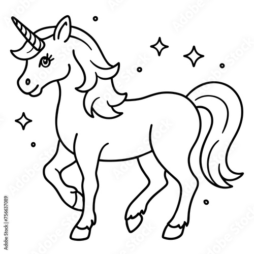 Hand-drawn magic  unicorn  for coloring book page