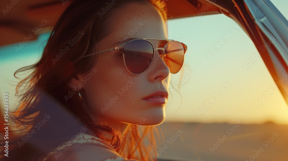 Fototapeta premium Young pretty woman in sunglasses looking aside while riding in convertible stylish car by seaside, generative ai