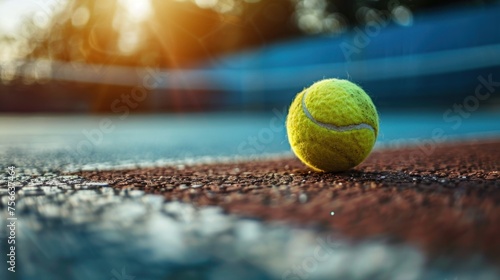 tennis ball on the ground in front of the tennis court. with the sun shining on the field © Nico