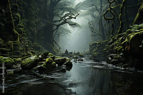 Dark abandoned fantasy environment of green jungle and blue river..