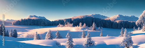 A serene winter landscape, picturesque panorama. Generative AI © Olga Khoroshunova