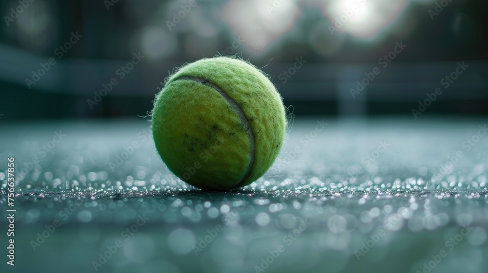 tennis ball on court with copy space. The ball is green and has a fuzzy texture