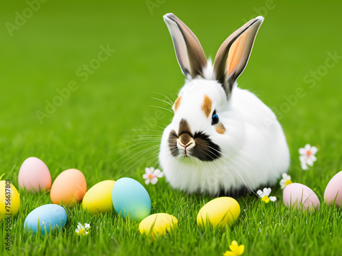 Cute rabbit sitting on the meadow grass in a spring flower meadow with easter eggs all around © Nataraj