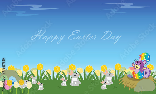 Happy easter day card, Tulip field with bunnies and easter egg, Mr. purple bear in bunny costume, vector illustration