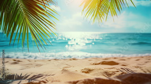 Sand with blurred Palm and tropical beach bokeh background, Summer vacation and travel concept. Copy space, generative ai