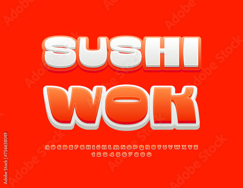 Vector advertising flyer Sushi Wok. Modern Stylish Font. Creative Alphabet Letters and Numbers set.