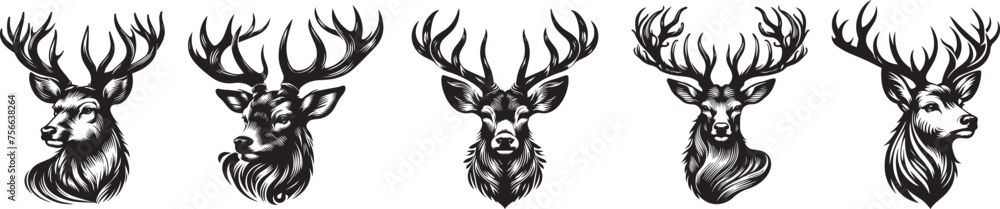 deer heads with large antlers portraits, black vector graphic laser cutting engraving