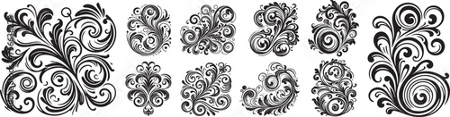 leafy and floral ornaments, swirls and whorls, black vector graphic