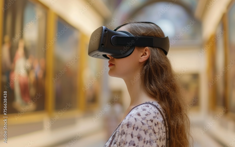 Woman in virtual reality, using vr glasses headset, standing in museum. VR glasses represent a new lifestyle technology. Woman in virtual reality, using vr glasses headset, standing in museum. VR glasses represent a new lifestyle technology.
