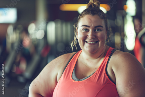 glowing and happy larger woman at the gym ready to start her fitness journey. 
