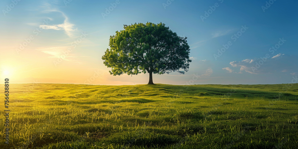 A single tree commands the horizon atop a grassy knoll, epitomizing solitude and the harmony of open landscapes.