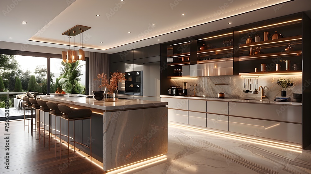 A modern kitchen, featuring sleek cabinets, state-of-the-art appliances, and a stylish island