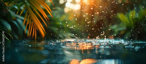 A closeup of water splashing on the surface, palm leaves in the background, vibrant colors, sunlight reflecting off the water, tropical setting. 
