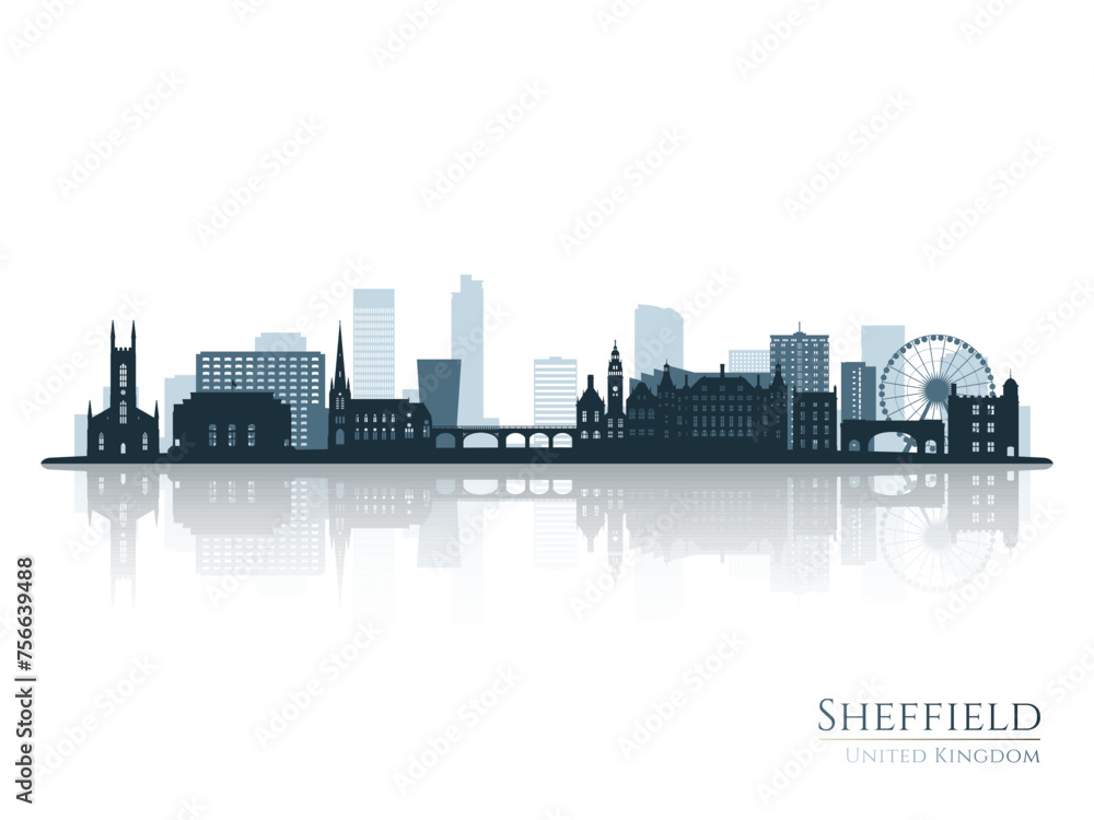 Sheffield skyline silhouette with reflection. Landscape Sheffield, UK. Vector illustration.