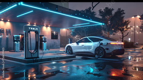 A sleek  futuristic electric vehicle charging station powered by sustainable digital energy solutions. 8K -