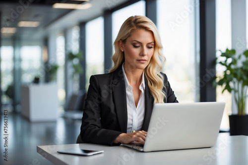 Professionelle Geschäftsfrau arbeitet konzentriert am Laptop im modernen Büro