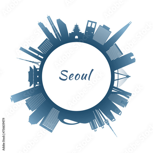 Seoul skyline with colorful buildings. Circular style. Stock vector illustration.