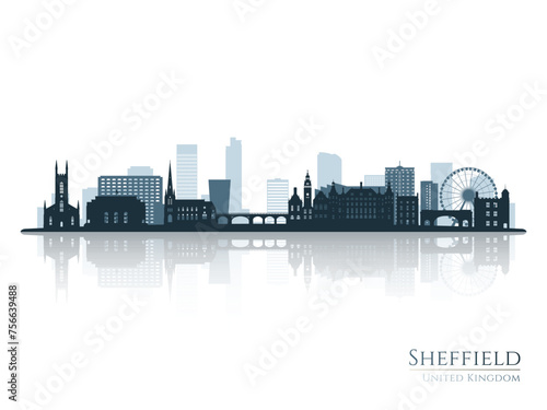 Sheffield skyline silhouette with reflection. Landscape Sheffield  UK. Vector illustration.