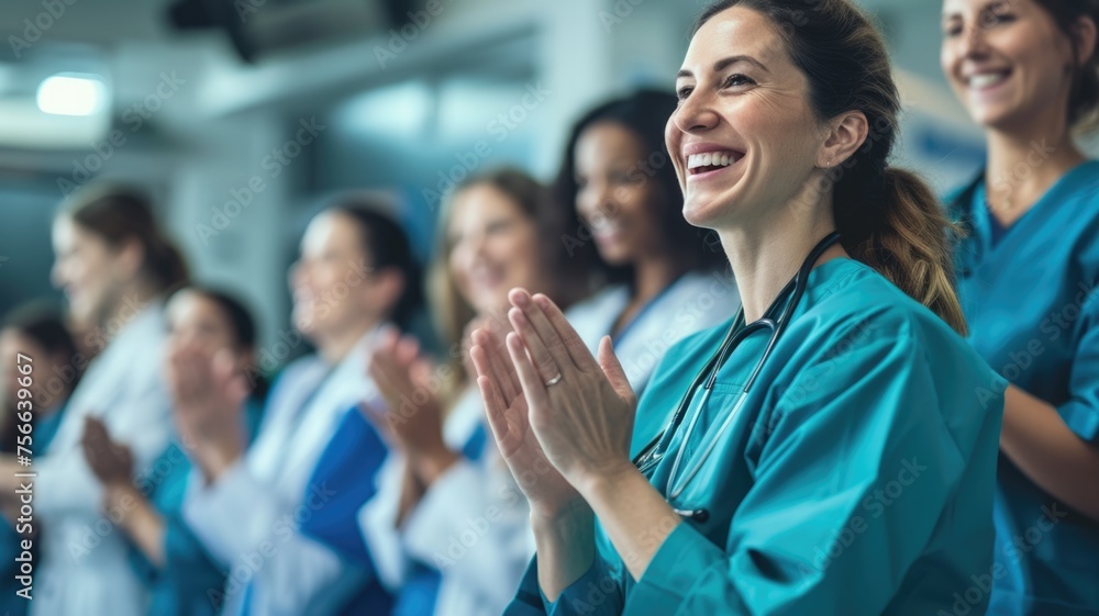 Hospital staff applauding their executives, showcasing gratitude and recognition for their leadership during Healthcare Executives Appreciation Week - obrazy, fototapety, plakaty 