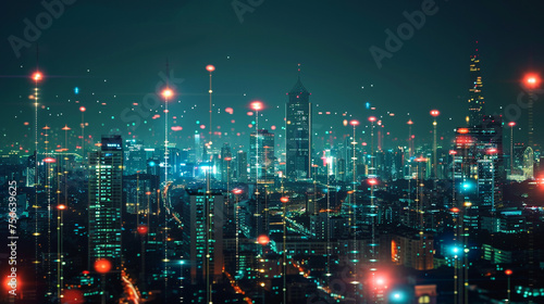 A smart city skyline illuminated by energy-efficient digital streetlights, symbolizing sustainable urban development. 8K -