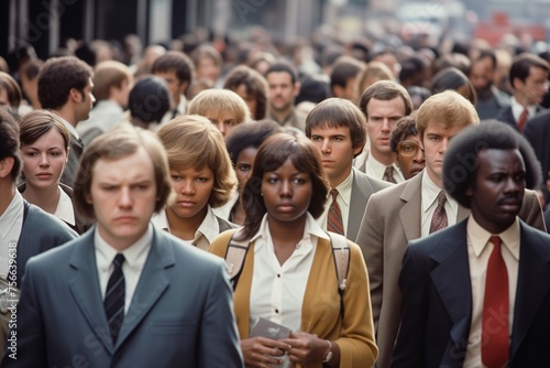 Crowd of people walking on city street city in 1970s