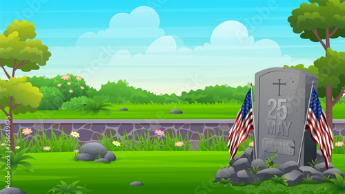 Memorial Day, Independence Day, Veterans Day or Patriot Day background. Headstones and National flags in National Cemetery landscape