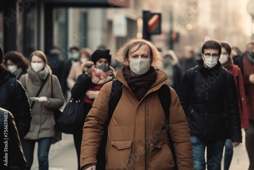 Crowd of people wearing masks walking city street