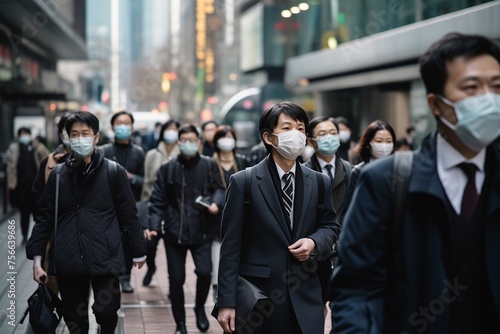 Crowd of people wearing masks walking city street © blvdone