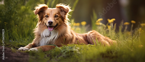 adorable mixed breed dog posing outdoors in summer ..
