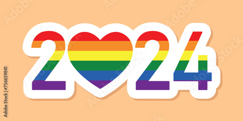 2024 LGBT Pride Flag, Gay community, pride month, LGBTQ rainbow flag colors, numbers with heart, vector sticker