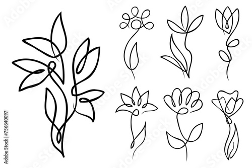Line art floral set. Flowers drawn with one line. Continuous thin line flower illustrations collection.